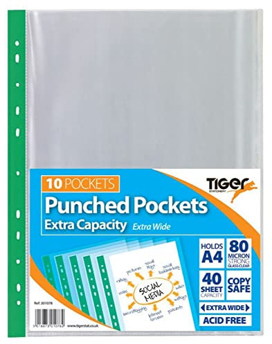 Tiger Sationery Klarsichthüllen, stabil, Polypropylen, mehrfach gelocht, A, transparent, Clear/Multicolour, A4 Extra Capacity x 10