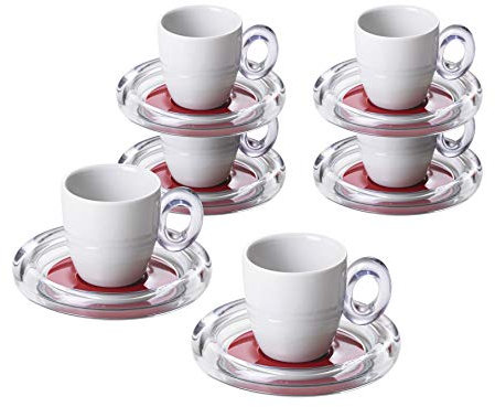 Omada Design Set 6 Tazzine Caffè, in Porcellana, con Piattino e Manico in Acrilico, Lavabili in Lavastoviglie, Made in Italy, Linea Crystal, Rosso