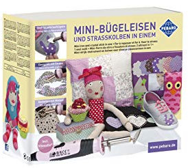 Pebaro 0217 Bastelset: Mini-Bügeleisen und Strasskolben, 2 Heizstufen, 14 Aufsätze, Vliesofix, 576 Strasssteine, Nieten; Designen, Aufbringen von Bügelvlies, Applikator für Glitzersteine, Handarbeiten