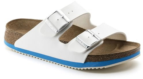 BIRKENSTOCK Classic Arizona Birko-Flor, Unisex-Erwachsene Pantoletten, Weiß (White LS White/Blue), 40 EU