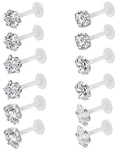 ZeSen Jewelry 12st 16G Klar Bioflex CZ Stein Labret Monroe LippenRinge Helix Tragus Cartilage OhrRingee Stud Piercing (2) 12st (4mm cz)