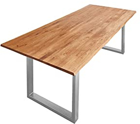 SAM Esstisch Seattle 200x100 cm Wildeiche Baumkante U-Gestell Silber | Baumkantentisch, Eichenholz geölt, 26 mm Tischplatte, Unikat, Metallgestell, pflegeleicht