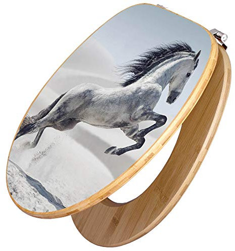 banjado Design WC Sitz Bambus 45x37,5cm / Toilettendeckel/Toilettensitz Bambus - hochwertiger Bambus Klodeckel/WC-Sitz Universal für alle gängigen Toiletten/Motiv Wildes Pferd