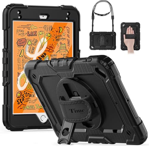 Timecity Schutzhülle kompatibel mit iPad Mini5 2019/iPad Mini4, integriertem Displayschutz/360 Grad drehbarer Ständer/Hand- und Schultergurt/Stifthalterung/Abdeckung für Mini 7,9 Zoll, Schwarz