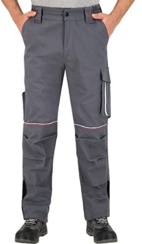 BWOLF Raptor 100% Algodón Pantalones de Trabajo para Hombre con Bolsillos multifuncionales, Rodilleras, Rayas Reflectantes, Gris, L