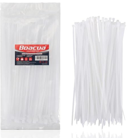 12 Inch Zip Cable Ties (100 Pieces), Self-Locking Premium Nylon Cable Wire Ties,Heavy Duty White, for Indoor and Outdoor by Boacua