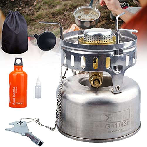 Estufa Camping, Mini Calentador Camping Hornillos Portátiles de Acampada Estufa de Gasolina de Acero Inoxidable para Picnic,mochilero,Senderismo, Peso: 405g/810g (Color:Silent type,Size:A)