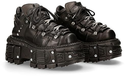 New Rock Bottines en Cuir Militaire Original Plateforme M.TANK106-C2 Noir