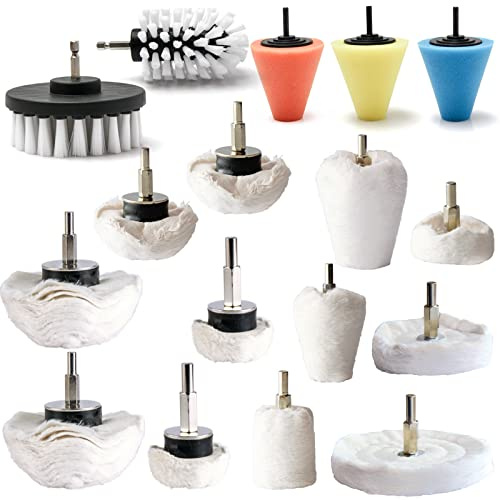 Medoon Juego de 17 ruedas pulidoras para taladro para metal de aluminio, acero inoxidable, cromo, madera, plástico, vidrio, cerámica, madera, tela, algodón, joyería, etc