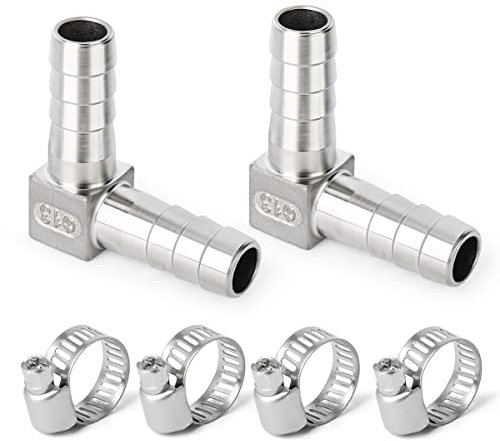 ERGAOBOY 2 Stück 10 mm Edelstahl Schlauchnippeladapter, 2 Wege L förmige SUS 304 Schlauchverschraubung mit 4 Stück Klemmen