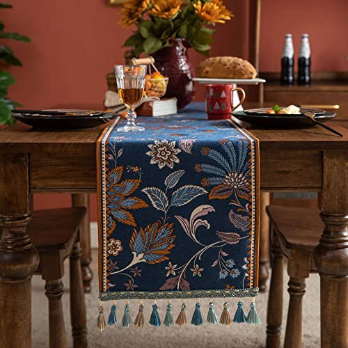 Tischdeko,Luxus-Tischläufer, Waschbar, Mittelalterliche Boho, Bunte Blumen Auf Blauer Tischdecke, Rechteckig, Bestickte Decke Mit Quaste, Tischläufer Für Party, Esszimmer, Tischdekoration, 35 X 1