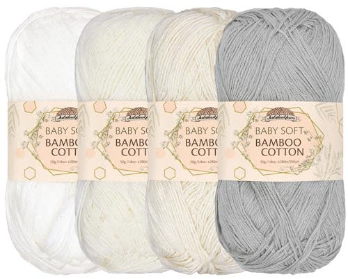 JubileeYarn Baby Soft Bamboo Cotton Yarn - 50g/Skein - Shades of White - 4 Skeins