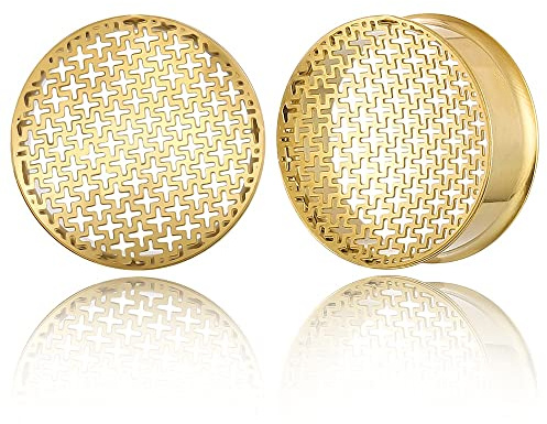 Twolobes 2PCS Gold Hollow Cross Ear Plug Tunnels Gauges Hypoallergenic 316 Stainless Steel Ear Hanger Tunnels 14mm/9/16 Body Piercing Jewelry for Women Men