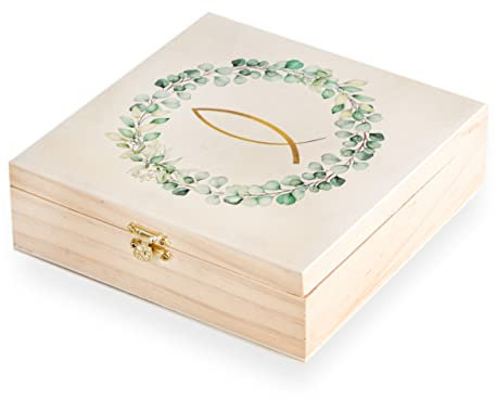 Logbuch-Verlag Erinnerungskiste Eukalyptus Fisch für Taufe & Kommunion 18,5 x 18,5 cm Holzbox Holz Kiste als Erinnerungsbox