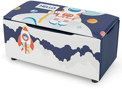 GOPLUS Coffre à Jouets 2 en 1 pour Enfants avec Couvercle Amovible, Banc de Rangement avec Fentes Anti-pincement, Sangle de Traction, Coffre de Rangement, 75x36x38CM (Bleu(astronaute))
