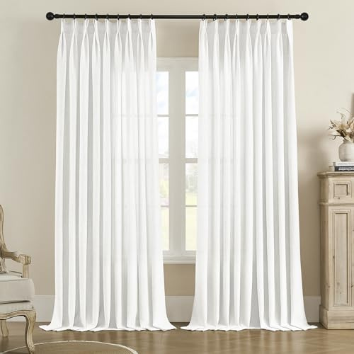 MASWOND Plissee-Kunstleinenvorhang, extra breite, lichtfilternde, halbtransparente Gardine für Wohnzimmer, Terrassentür, Plissee-Fenstervorhang mit Haken, 183 x 244 cm (B x L), 1 Paneel, Weiß