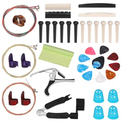 Glarks Gitarrenzubehör, Gitarrenwerkzeug-Wechselset, inkl. Gitarrenplektren, Kapodaster, Akustikgitarrensaiten, Saitenkurbel, Stegstifte, Stiftabzieher, Gitarrenknochen und Plektrumhalter,