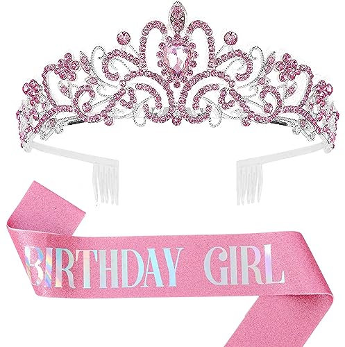 Geburtstag Mädchen Schärpe & Strass Tiara Sets, Geburtstag Schärpe und Tiara Stirnband für Mädchen Frauen Geburtstag Dekoration (Rosa)