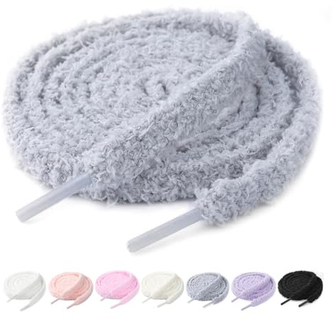 Stepace Lacets fluffy 10mm pour baskets, lacets chaussures plats en peluche, lacets larges moumoute Gris clair 140cm