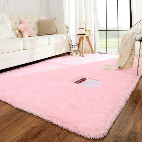 MOONLIGHT20015 Teppiche für Wohnzimmer, 120 x 170 cm, flauschig, zottelig, rosa, für Schlafzimmer, moderner, superweicher Plüschteppich, rutschfest, fusselfrei, leicht zu reinigen
