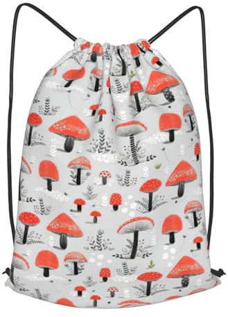 BREAUX Cartoon-Pilz-Pilz-Druck Kordel-Rucksack-Rucksack, Yoga-Reise-Yoga-Reise-Sport-Rucksack-Einkaufstasche, Schwarz , M