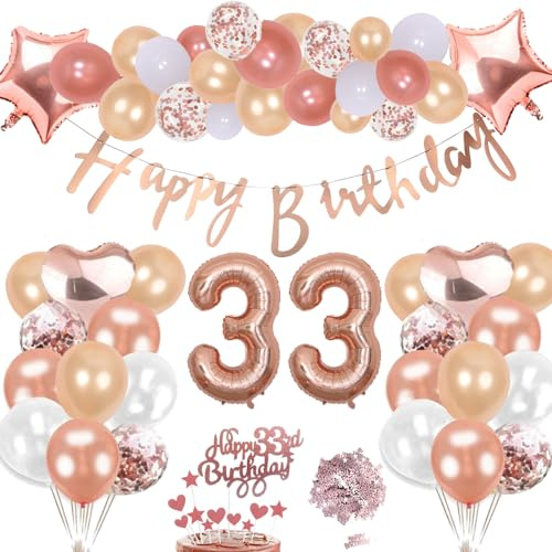 33. Geburtstag Deko Rosegold Set, Helium Herz Zahl Folienballons Happy Birthday Banner Luftballons Konfetti Tisch Ballons Kuchen Tortendeko Geschenk für 33 Jahre Mädchen Frau Frauen Party Dekoration