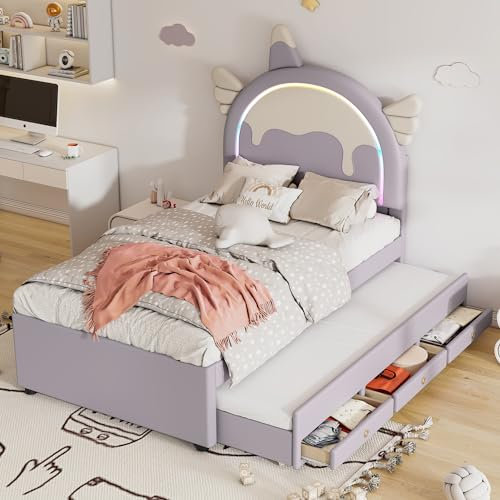 Kinderbett 90x200cm Einhornform Polsterbett mit LED, Multifunktionales gepolstertes Einzelbett-Schlafsofa mit ausziehbarem Bett, Funktionsbett mit 3 Schublade und Lattenrost, Violett, Ohne Matratze