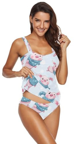 CHIFIGNO Damen Badeanzug Tankini 2 Stück Badeanzug Bescheidene Bademode Tankini Tops mit Badeshorts, Niedliche rosa Schweine mit blauen Schals, XL