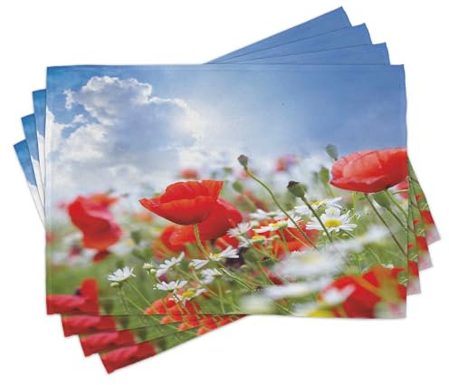 ABAKUHAUS Land Platzmatten 8 Stück, Idyllische Frühlings-Wiese mit Mohnblumen-und Gänseblümchen-Blumen Sunny Sky Clouds Garden, Waschbare Stoff Esszimmer Küche Tischdekorations, Blau Zinnoberrot