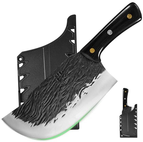 FULLHI Poignée en bois Couperet à viande lourd avec gaine, tranchage de viande de chef en acier à haute teneur en carbone pour le camping à la maison (Noir, 21cm)