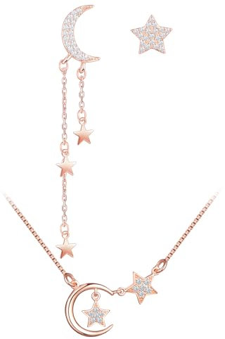 MICMIF Parure de bijoux en argent 925, Collier lune et étoile et boucles d'oreilles asymétriques, plaqué or rose, Élégantes soirée bijoux avec zircon pour petite amie maman filles