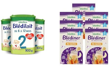 Blédina Blédilait 2, Lait en Poudre pour bébé, De 6 Mois à 12 Mois, 900g (Boîtex3) + Blédina Blédîner, Céréales bébé Repas du Soir dès 6 Mois, Riz, Carottes,210g (Packx7)