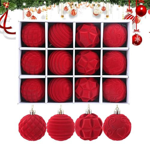 12 Stück Samt-Weihnachtskugeln, Bauernhaus-Weihnachtskugeln, bruchsichere Kugeln, Weihnachtsbaumschmuck für Weihnachtsbaumschmuck (rot)