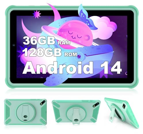 FASTWD Tablette Enfant 7 Pouces,Tablette educative Android 14,36GB RAM 128GB ROM (SD Expandable),WiFi 5G, BT 5.0,HD IPS Screen,Contrôle Parental,(Vert)