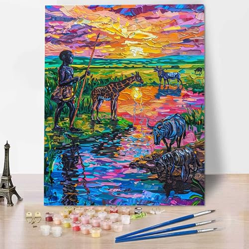 Prairie Peinture par Numéros Adultes Enfants Débutants, Peinture Numero Adulte DIY Kits de Peinture à l'huile, Peinture par Numéros pour la Décoration de la Maison Coucher de Soleil 50x65 cm L-I