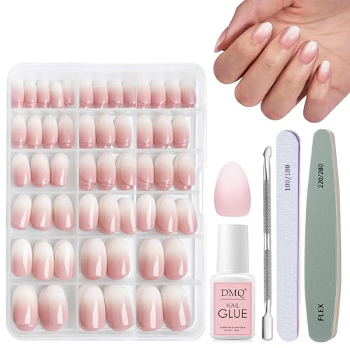 DMQ Press on Nails Short Kit with Glue, 240Pcs Natural Gradient Pink False Nails, Acrylic Oval Fake Nails Pink Tips, 12 Sizes Glossy Full Cover Stick on Nail for Women Girls Nails Art