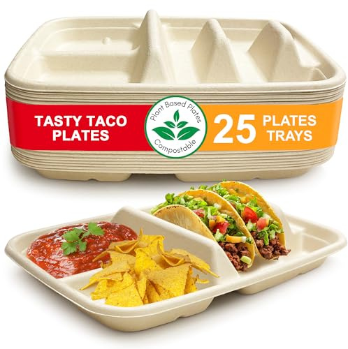 Disposable Taco Plates for 2 Tacos & 2 Sides – 25 PACK | Premium Paper Plates with Dividers, Fiesta Taco Holder, Taco Stand for Taco Tuesday & Taco Bar Serving Set Taco Plates (25 Plates, Beige)