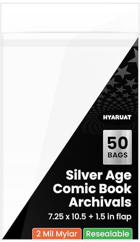 HYARUAT Wiederverschließbare Mylar Silver Age Comic-Tüten – Archivqualität und säurefrei, 18,4 x 26,7 cm, 3,8 cm Klappe, 2 mm Schutz für Comicbuch-Sammler (50 Stück)