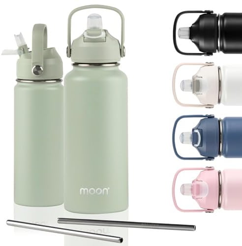 moon bottles - Insulated Water Bottle with Straw - Stainless Steel Sports Drink Bottle, Thermal Flask, 24hr Cold, 12hr Hot, Double Walled, Metal Straw, Silicon Spout, UK Company (1L, Green)