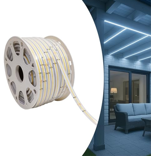 LED ATOMANT 10 Meter LED-Streifen 220V COB Direkt, Außenbeleuchtung 10W/m, IP67 Wasserdicht, Kaltweiß (6500K) 950LM/m, Schneidbar alle 16,5cm, Betrieb ohne Trafo, Anschlussstecker inklusive