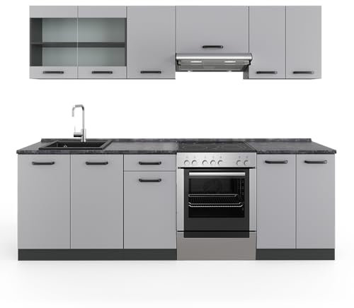 Vicco Küchenzeile R-Line, Grau/Anthrazit, 240 cm, AP Anthrazit