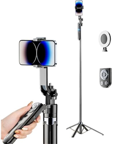 Trépied Smartphone 1,8m avec Suivi Facial IA 360°, Lumière LED Professionnelle et Télécommande - Perche Selfie Motorisée pour TikTok Youtube Live Streaming - Trépied Photo Vidéo Rotation Automatique