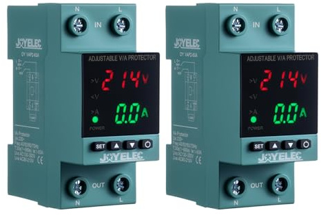 JOYELEC 2 Piezas Protector Sobretensiones， Dispositivo Ajustable Subtensión Estabilizador Voltaje AC230V 63A 2P, Restablecimiento Automático, Protección Sobrecorriente,con Luz LED y Pantalla Voltaje