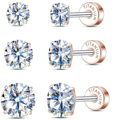Limerencia Moissanite Stecker, 3 Paar Titan Schraubverschluss Ohrringe | D Farbe VVS1 Reinheit Labor-created Moissanite Ohrringe, Hypoallergen G23 Reintitan für Frauen Männer mit empfindlichen Ohren