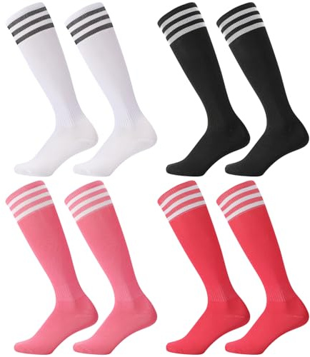 Zuimei 4 Pairs Football Socks Kids Sports Socks for Kids Boys Girls Children Youth Junior Running,Training,Rugby,Hockey Soccer (Aged 5-13) black, white, pink, rose red