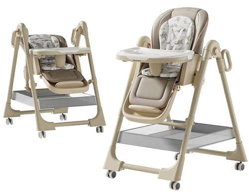 MoLi Cuir PU Chaise Haute, Chaise Haute Bébé Plateau Double Couche, Amovible Chaises Hautes, Siège Réglable Chaises Hautes Bebe (X8122 Khaki)