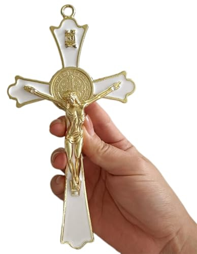 BONITTER Golden St Benedict Crucifix Metal Wall Art, 7.8x4.1 Inch Cross, Blue/White/Black/Red Wall Decor, Saint Benedic Cross for Home Decoration, Catholic Gift (White)