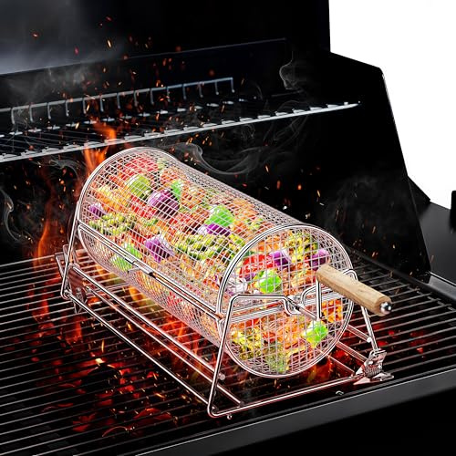 2-in-1 Drehbarer Rollender Grillkorb Edelstahl 304, Grillzubehör mit Abnehmbaren Doppel-Holzgriffen & Drehständer, BBQ Zubehör für Gemüse Garnelen, Geschenk für Männer Vater Ehemann Geburtstag
