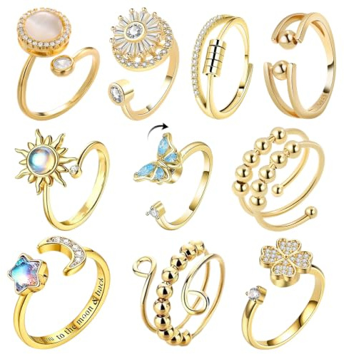 10Pcs Anti Stress Ring Gold Anxiety Ring Gold Antistress R-ing Drehbarer Rin-g Antistressring Fidget R-ing G-old Angst Stress Reduzieren Verstellbare Stapelbare für Damen für Alltag Arbeiten Reisen