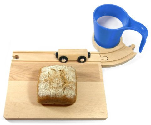Eisenbahn Frühstücks Set, Eisenbahn Frühstücksset - Brettchen Holzbrettchen Frühstücksbrettchen mit Tasse Schneidebrett Vesperbrettchen für Kinder (blau)